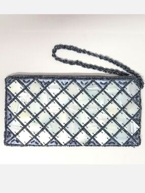 MAD BAGS Spun Silk Zip Top Wristlet With Mother-of-Pearl & Beaded Accents